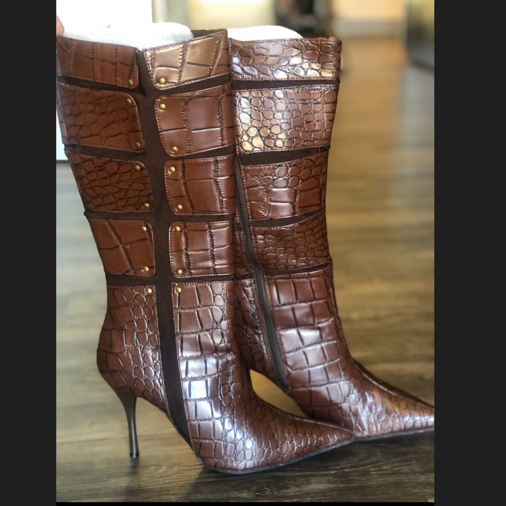 Brown knee high boots snake print